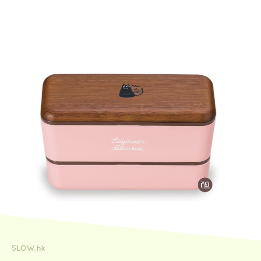 SHOWA Chat du cafe 貓咪 木紋雙層飯盒 粉紅色